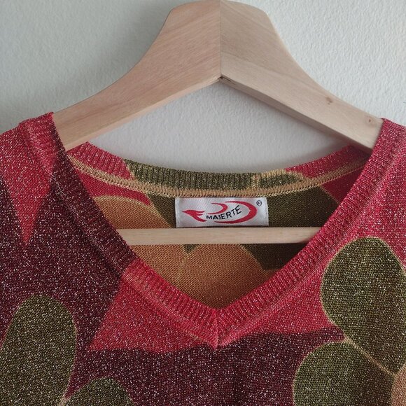 Vintage 90s Maierte Metallic Floral Top M Psychedelic Baby Tee Y2K - Picture 2 of 9